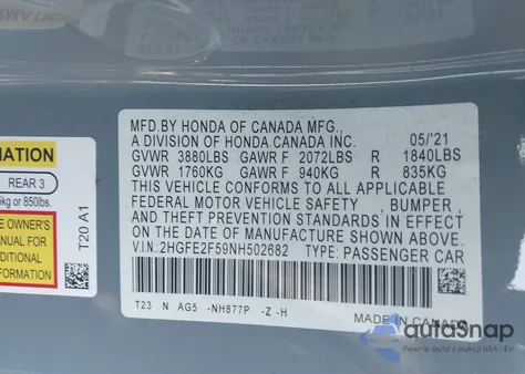 2022 Honda Civic Sport from USA, damaged, VIN 2HGFE2F59NH502682